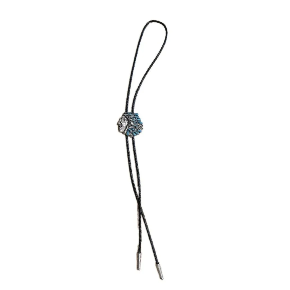 VTG Western Indian Chief‎ Bolo Tie Silver Tone Light Blue Turquoise Color Cowboy